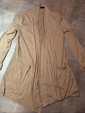 Open-Front Lightweight Brown Longline Cardigan with Pockets